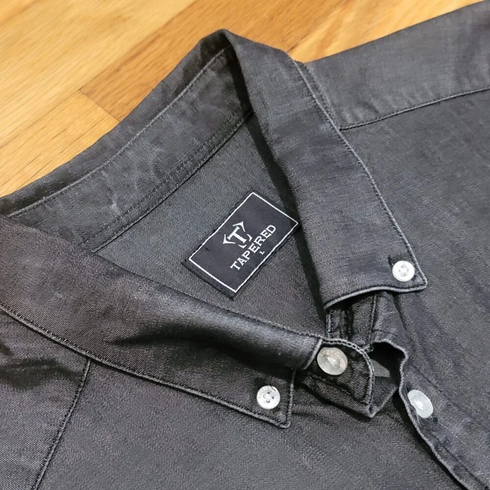 Black Denim Tapered Fit Shirt Large Men's Button Down Longsleeve Stretch Cotton - Picture 4 of 5